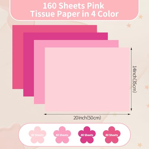 woric 160 Sheets Pink Tissue Paper for Gift Bags 20 X 14 Inches | Assorted Pink Tissue Paper Bulk for Bouquet Back To School Crafts Birthday Weddings Baby Shower Girl Decorations - color: Assorted Pink