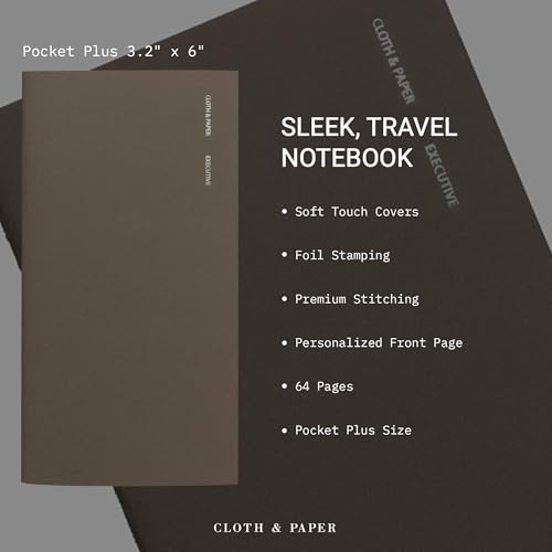 Cloth & Paper Travel Notebook | Executive Notes – Café Noir | Pocket Plus Executive Notebook 3.2" x 6" | Professional Notebook with Date, Day & Subject Layout for Meetings & Work – Soft Touch Cover - color: Cafe Noir
