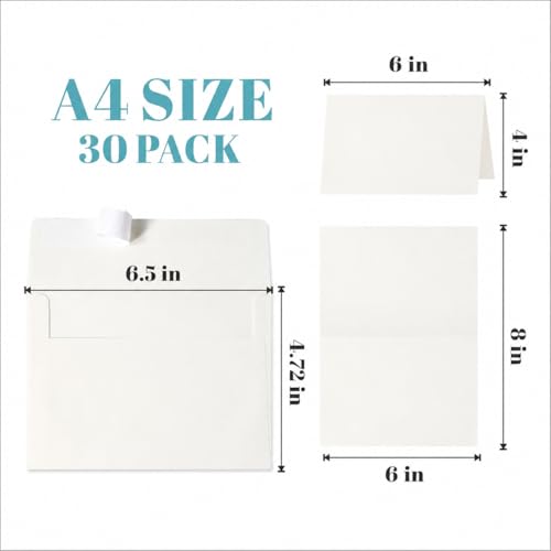 30 Pack 4x6 Envelopes with Cards Cream White A4 Cards and Envelopes Self Seal for Invitations, Weddings, Greeting Cards, Mailing, Graduation, Party - Printable 4.25 x 6.25 Inches - color: Cream White, size: 30 Pack A4 Cards and Envelopes (4.72x6.50in)