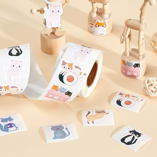 Qeeenar 500 Pcs Cat Stickers Roll, Cute Reward Animals for Kids Party | Adorable Cat Designs for Classroom Incentives, Teacher Motivation Stickers, Party Supplies, Office Rewards, Animal Decor - style: Cat