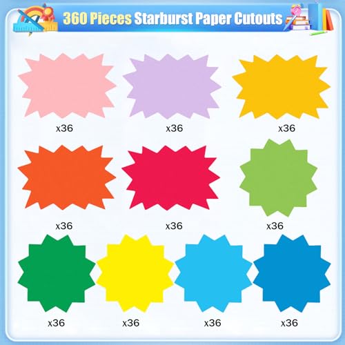 MixTeach 360 Pcs Multicolor Starburst Signs Cutouts in 2 Styles, Blank Round Rectangle Starburst Cutout Paper Star Burst Tag 4 Inch Starburst Shape Accents for Retail Garage Sale Bulletin Board Decor - style: Round and Rectangle