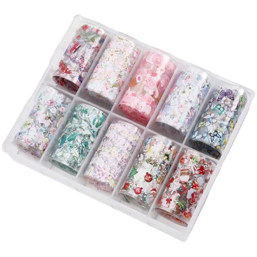 1 Box 10 Rolls Flower Nail Foil Transfer Sheets Nail Art Stickers PET Floral Blossom Butterfly Santa Tree Sticker Decals for Manicure Arts Supplies Decorations 39x1.6 Inch - style: Style 2