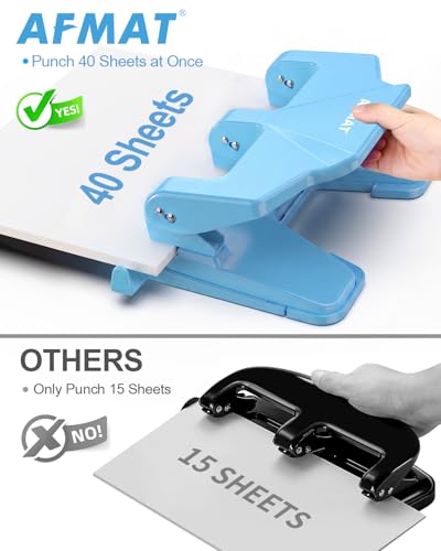 AFMAT 3 Hole Punch Heavy Duty, 40-Sheet Three Hole Punch, 50% Reduced Effort, 3 Hole Puncher for Binder w/Large Chip Tray, 9/32" Holes Diameter, Metal Paper Puncher for Home/Office/School, HP14(Cyan) - color: Cyan