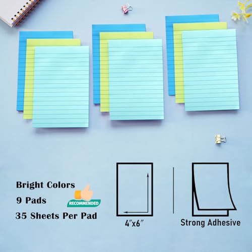 HQCME 9 Pack Lined Sticky Notes with Lines 4X6 in, Aquatic Themed Colors - color: Light Blue, Blue, Light Green