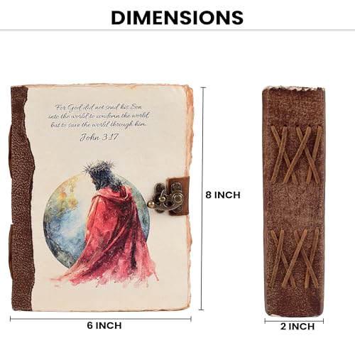 LEATHER VILLAGE Journaling Bible Soft Cover Verse, Heritage Brown 8x6. | Matthew 16:24 printed cover, 200 pages of blank deckle edge cotton paper, 8x6 in, antique lock, devotional gift journal - color: MATHEW-16:24