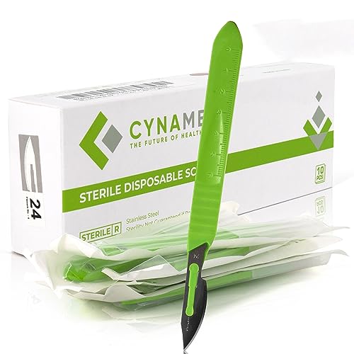 Cynamed Disposable Scalpel Blades| Sharp, Tempered Stainless-Steel Blades | Pack of 10 Sterile Scalpel Knives| Plastic Handle| Individual Pouches| for Dermaplaining, Podiatry, Crafts & More (No.24) - style: No.24