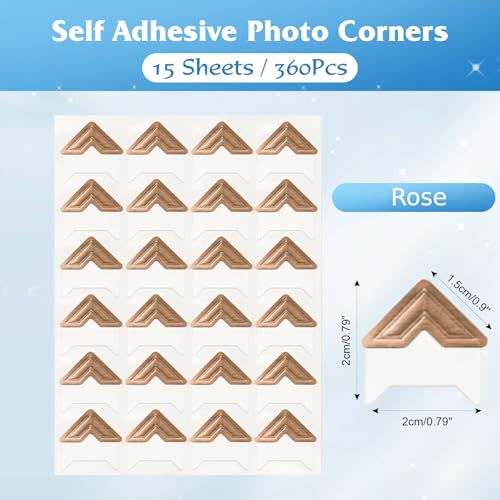 GOONAVI 15 Sheets 360 Pcs Acid-Free Photo Corners, Self-Adhesive Mounting for Wedding Scrapbook Supplies, DIY Photo Album, Journal, Guest Book, Memory Book (Rose)