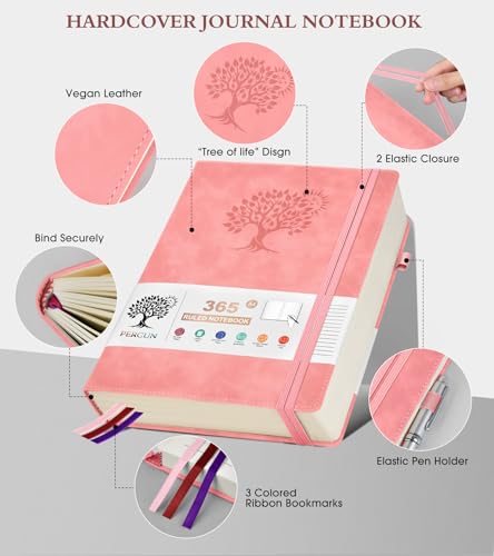 PERCUN A4 Lined Journal Notebook，365 Page Large Leather Journals for Writing Women Men，Hardcover Notebook with 100Gsm Thick Pages for Travel，Work，School，College Ruled, Daily Diary (8.5" x 11.4") - color: Pink, size: A4