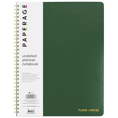PAPERAGE Undated Daily Planner & To Do List Notepad (Dark Green), 8.5 in x 11 in, Spiral Bound Planner Notebook for Work, School or Home, 104 Lined Pages With Date Tracker for Plans & Notes - color: Dark Green, style: Spiral Large