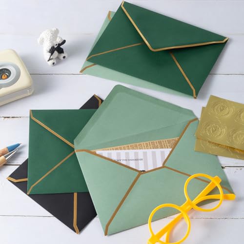 50 Pieces A7 Envelopes with Gold Stickers, Black, 5.24 x 7.21 Inch - color: Black, size: One Size