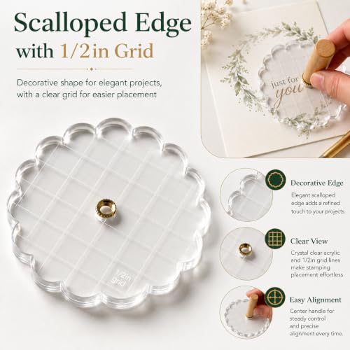 Clear Acrylic Stamp Block Set with Detachable Wooden Handle, 6 Scalloped Edge Acrylic Stamping Blocks with 1/2in Grid, Silicone Mat & Storage Case for Card Making, Scrapbooking, Journaling