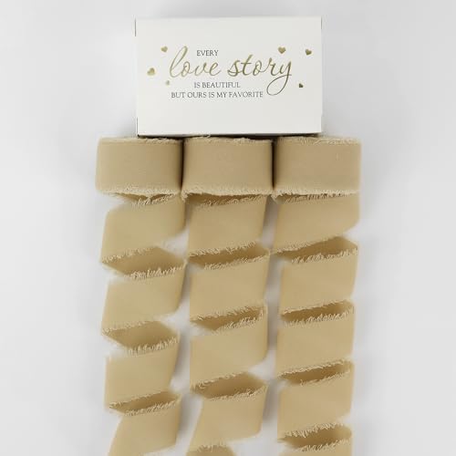MEEDEE Khaki Chiffon Ribbon 1 Inch Fringe Ribbons Cream Chiffon Silk Frayed Edge Ribbon Thin Chiffon Ribbons for Crafts, Gift Wrapping, Wedding Invitation (3 Rolls 21 Yards) - color: Khaki, size: 1 inch
