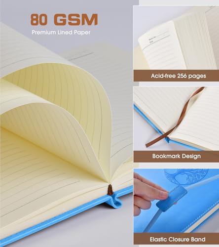 Biuwory Leather Journal Notebook, 256 Thick Lined Pages, Hardcover 8.6"×11" | A4 Large Vintage Journal for Women Men,Work,School,Business,Travel Diary,Note taking,College Ruled Writing,Daily Journaling - color: Light blue, size: Lined-256 Pages (8.6"×11")