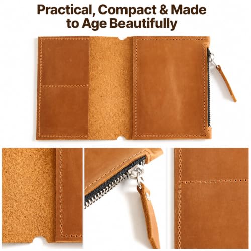 Leather Insert for Pocket Size Notebook (4" x 5.1") – Handmade Notebook Organizer with Card Slots & Zipper Pocket, Refillable Journal Insert, Travel Notebook Insert, Planner Insert, Warm Brown - size: Pocket Size