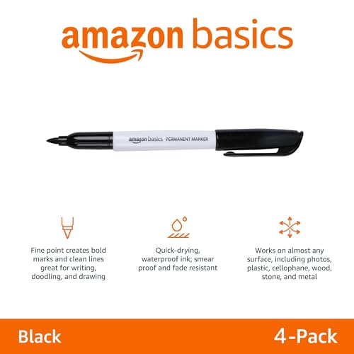 Amazon Basics Fine Tip Point Permanent Markers for Office, School, and Home Use, Black, 4 Pack - color: Black, size: 1 Count (Pack of 4)
