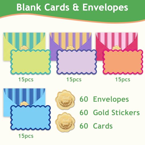 Whaline 60Pcs Flat Blank Notes with Envelopes Scalloped Stationery Set 4 Colors Non Folding Double-Sided Note Cards Blank Index Cards for Baby Shower Birthday Wedding, 5.6 x 3.5 Inch - color: purple green orange blue