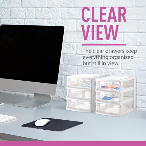 Tribello 3 Drawer Plastic Storage, Mini Drawer Unit, White Frame With Clear Drawers for Craft Storage - 10"L X 7.5"W X 8"H Inches - (4 Pack) - size: 10"l X 7.5"w X 8"h (Pack of 2)