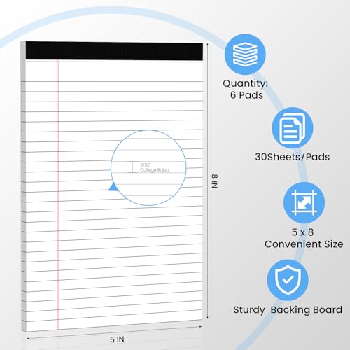 6 Pack Notepads 5x8, White, Small Legal Pads, Perforated Notebook - color: White