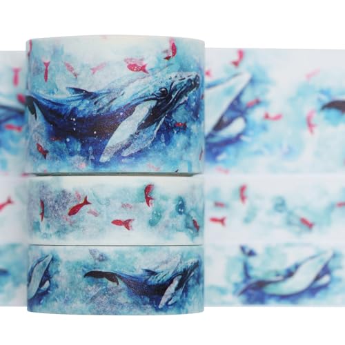 YUBBAEX Cute Printed Washi Tape 3 Rolls Japanese-Style Masking Tape Set Decorative for Arts, DIY Crafts, Journal Supplies, Planners, Scrapbook, Card/Gift Wrapping (Mythical Fish (Wide)) - color: Mythical Fish (Wide)