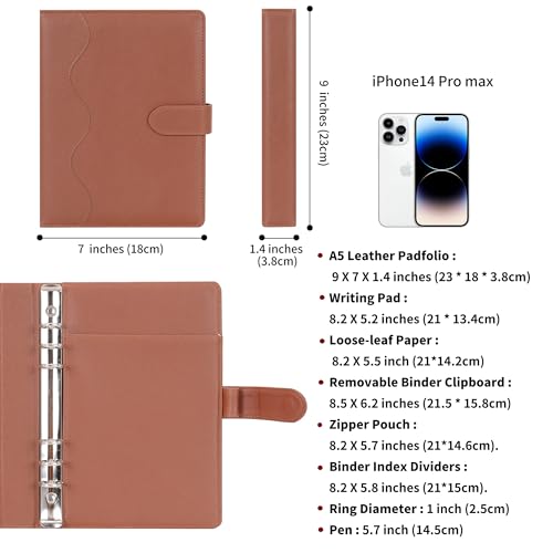 WASON A5 Binder PU Leather Journal Ring Portfolio Lined Notebook Refillable Paper Diary with Removable Clipboard Writing Notepad for Travel Business School Agenda Organizer (Brown) - color: Brown