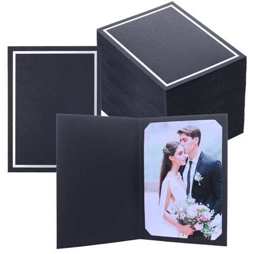 100 Pcs Photo Folders for 4x6 or 5x7 Pictures,Paper Picture Frames, Cardboard Greeting Photo Frame Cards for Father's Day,Christmas New Year Wedding Birthday Classroom DIY (Black with Silver Foil) - color: 100CT - Black