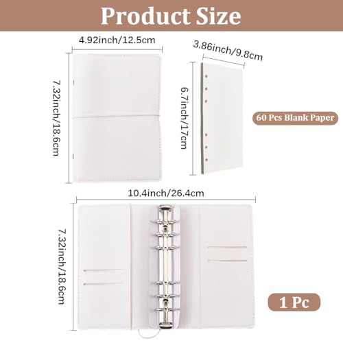 A6 120 Pages Refillable PU Leather Travel Journal Notebook 6 Ring Writing Binder Loose Leaf Notepad Folder Soft Cover Diary Planner Cover Binder with Divider for Meeting Fill Paper(White) - color: White