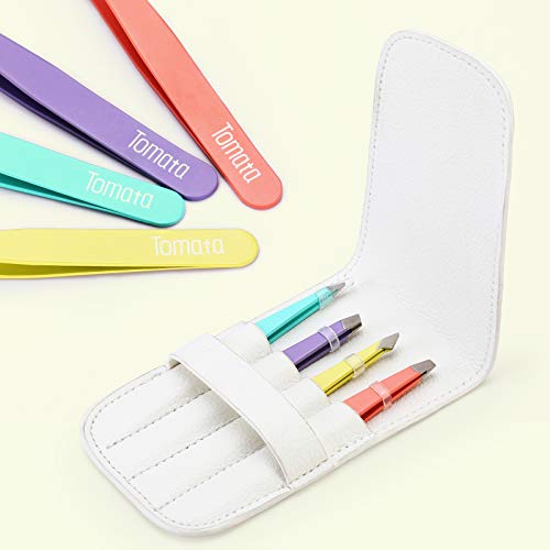 Tomata Tweezers for Eyebrows, Slant Tip and Pointed Eyebrow Tweezer Set Great Precision for Eyebrows Facial Hair, Ingrown Hair, Splinter, Blackhead and Tick Remover (4-piece) (Multi-color) - color: Multi-color