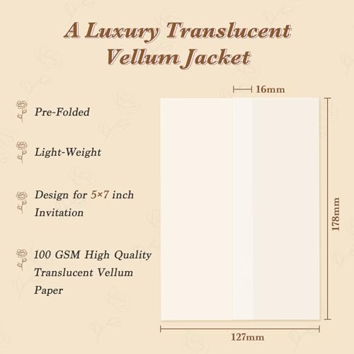 120 Pack Pre-Folded Vellum Jackets for 5x7 Invitations, Translucent Vellum Paper 5x7 Jackets, 100GSM Wedding Invitations Wraps, Envelope Liners for Birthdays, Baby Showers - color: 120Pcs, size: 5 x 7 inch