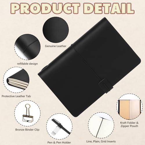 Thenshop Leather Travel Notebook 3 Inserts, Black, A5 Size - color: Black, size: A5 Size
