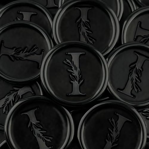 25Pcs Black Wax Seal Stickers Handmade Vintage Botanical Leaves Adhesive Letter Wax Stickers for Wedding Party Invitations, Envelope, Gift Wrap, Christmas(Initial I, Black) - color: Black-25pcs, size: I