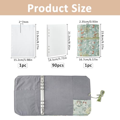 SUPERFINDINGS A5 Binder Refillable Planner Notebook 1PC Cloth Light Green Flower 6 Ring Binder Cover with 90 Sheets Inner Page Papers and 1PC Pocket A5 Loose Leaf Personal Planner Embroidery Journal - color: Light Green