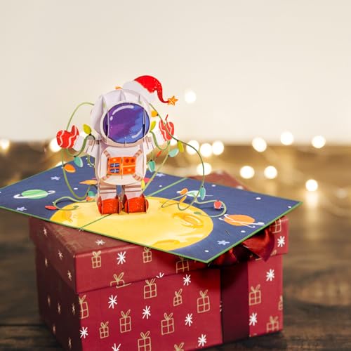 Paper Love Pop Up Christmas Card, 3D Christmas in Space, Gift for Christmas or Holidays, 5" x 7" Cover - Includes Envelope and Removable Note Tag - color: Christmas in Space