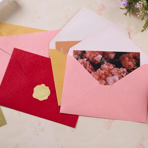 50 Pieces A7 Envelopes 5x7 with Gold Stickers, Rose, Pink | Vines Flower Texture Pattern, V Flap Luxury Mailing for Invitations, Wedding, Graduation, Baby Shower - color: Pink
