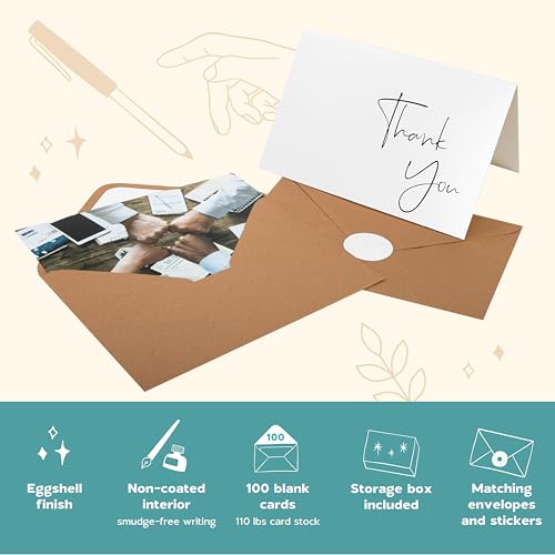 VNS Creations Thank You Cards With Envelopes - 100 Pack 4 x 6 Blank - White - color: White, size: 100 Pack - 4" x 6" (Value Pack)