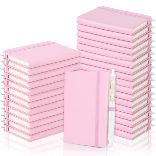 Aodaer 50 Sets Pocket Notebook Journal with Pens, 160 Pages, 3.5 x 5.5 Inch Mini Lined Journal Notebook A6 Leather Hardcover College Ruled Notepad with Pen Holder for School Office Gifts, Pink - color: Pink