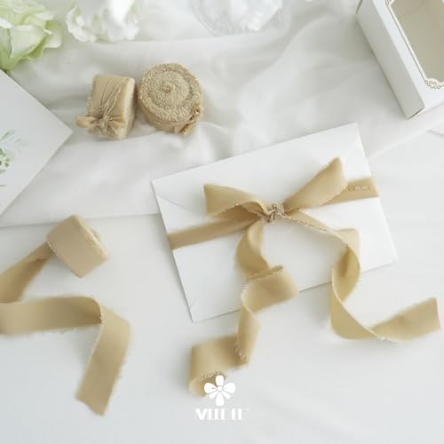MEEDEE Khaki Chiffon Ribbon 1 Inch Fringe Ribbons Cream Chiffon Silk Frayed Edge Ribbon Thin Chiffon Ribbons for Crafts, Gift Wrapping, Wedding Invitation (3 Rolls 21 Yards) - color: Khaki, size: 1 inch