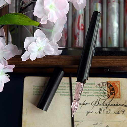 SeventyTwo Handmade Black Wood Glass Dip Pen - Crystal Spiral Tip Smooth Cylindrical Pen for Writing Drawing Signature Calligraphy Pen