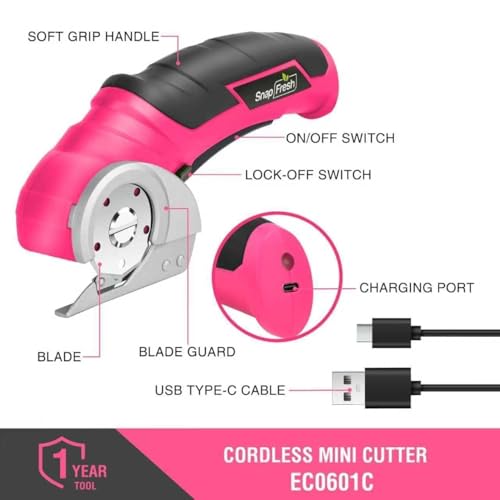 SnapFresh Cordless Electric Scissors, 4V Rechargeable Electric Box Cutter for Cardboard Boxes, Carpet & Paper, Rotary Cutter for DIY Projects, Safety Box Cutter with Battery & Type-C Cable (Hot Pink) - color: Hot Pink