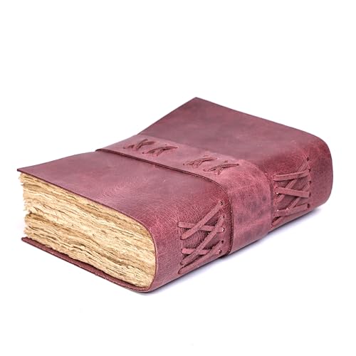 Leather Bound Vintage Journal for Women & Men – Book of Shadows – Lock Closure – 200 Pages of Antique Deckle Edges Handmade Paper (Burgundy, 6 x 4 inches) - color: Burgundy, size: 6 x 4 inches