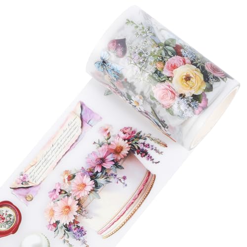 Sitsink PET Tape for Journal Scrapbooking - Vintage Porcelain Floral Retro Teapot Rose Bouquet PET Tape Stickers for Crafts Junk Journal Supplies Notebook Scrapbook DIY Décor - style: Vintage Flower Plate