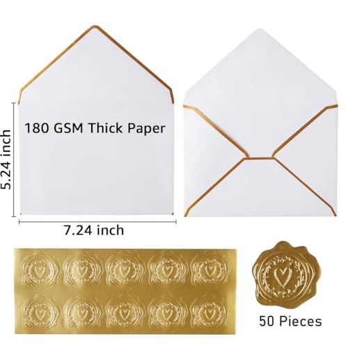 30 Pack 5x7 Envelopes Thick Paper White, 7.24x5.24 inch | Gold Border, A7 Greeting Cards Envelopes, Includes Stickers, For Invitations - color: White, size: 7.24x5.24 inches