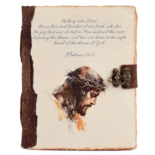 LEATHER VILLAGE Bible Study Journal Soft Cover Verse, Heritage Brown 8x6. | Hebrews 12:2 printed cover, 200 pages of blank deckle edge cotton paper, 8x6 in, antique lock, devotional gift journal - color: HEBREWS-12:2