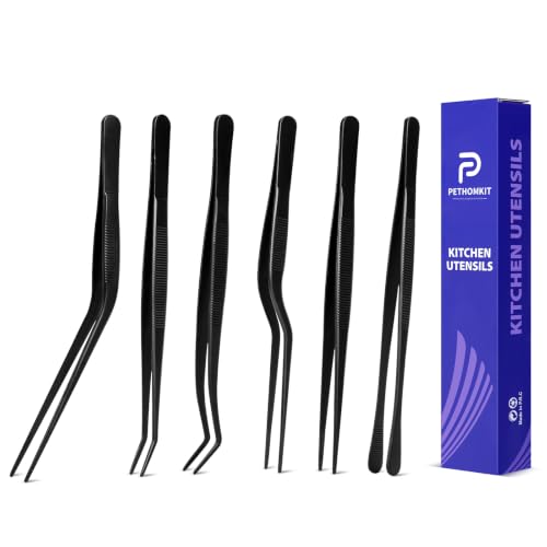 Kitchen Tweezer Tongs Set for Chef Food Plating,6 Pcs,6.3", Black - size: 6 inches