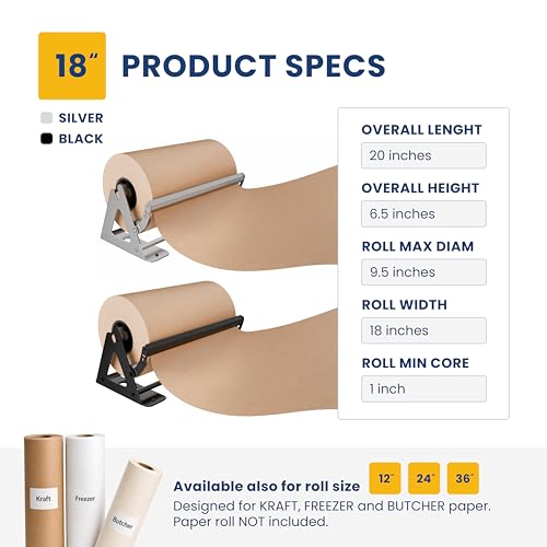 DIY Crew 18 Inch Paper Roll Dispenser and Cutter - Heavy-Duty Wall Mountable, Non Slip Tabletop - Kraft, Freezer, Butcher Paper - Up to 1000ft Rolls | Tabletop, Wall Mount, Heavy Duty, Holds 1000ft Rolls - Roll Not Included - color: Silver, size: 18"