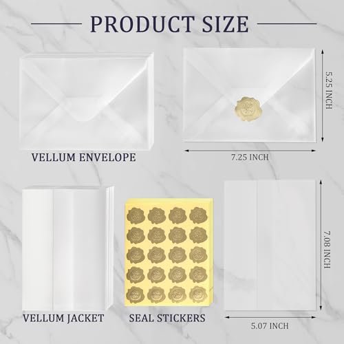 300 Pack Vellum Jackets for 5x7 Invitations Set includes: 100 Jackets, 100 Vellum Envelopes and 100 seal stickers. Wedding Invitation Accessories Kit. Easy to use Pre Folded Invitation Sleeves