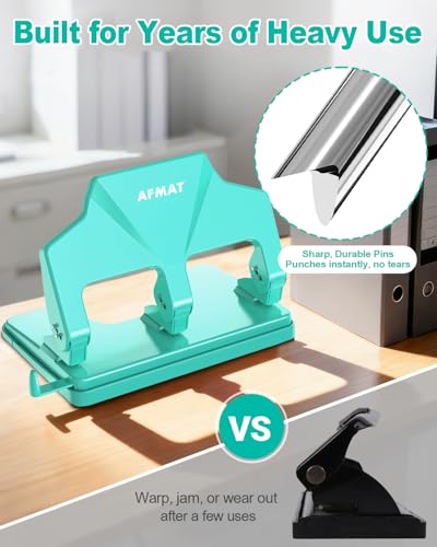AFMAT 3 Hole Punch Heavy Duty, 40-Sheet Three Hole Punch, 50% Reduced Effort, 3 Hole Puncher for Binder w/Large Chip Tray, 9/32" Holes Diameter, Metal Paper Puncher for Home/Office/School, HP14(Green) - color: Turquoise
