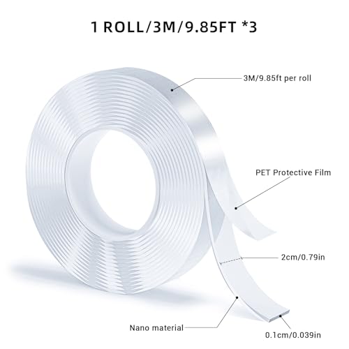 3 Rolls Double Sided Tape, Nano Tape, Transparent Adhesive Tape, Traceless Adhesive Tape, Removable, Washable, Reusable, Suitable for Carpets, Photo Walls, 9.85 Feet Per Roll - size: 9.85 Feet Set of 3