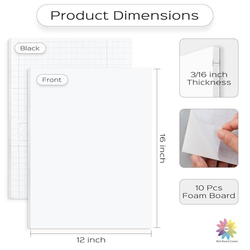 Mat Board Center 10 Pack 12x16 Self Adhesive White Foam Board 3/16" Thick - size: 12x16