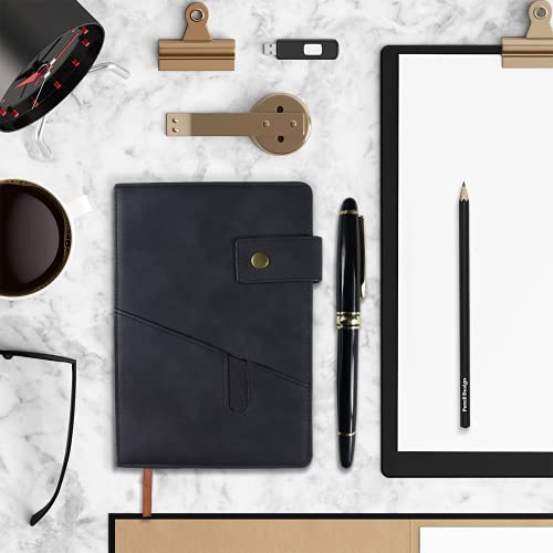 vfaejll Lined Notebook with Pen, 5.9"x8.4" A5 Hardcover Leather Journal Set - color: Black