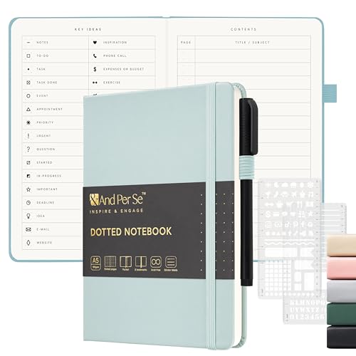 &And Per Se Dotted Notebook with Pen, 176 Numbered Dotted Pages, A5 Hardcover, Journal Stencils & Fineliner Pen for Beginners Women Men (Cyan) - color: Cyan, size: 176-Dotted